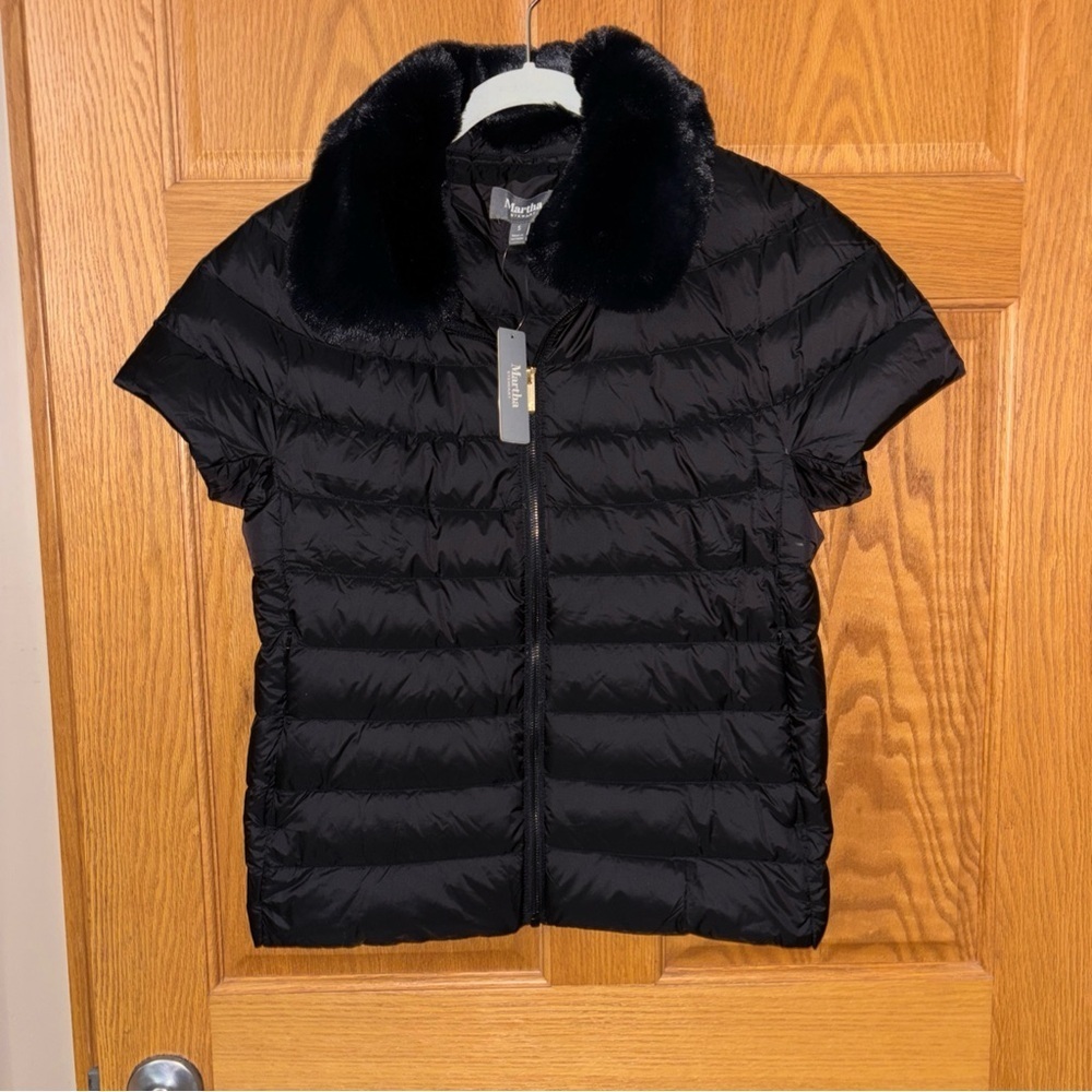 Martha Stewart Black Puffer Jacket with Faux Fur Collar